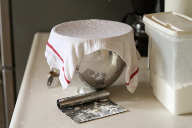 rising bread dough in a bowl.