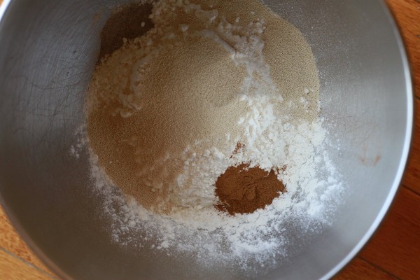 dry ingredients in a metal bowl.