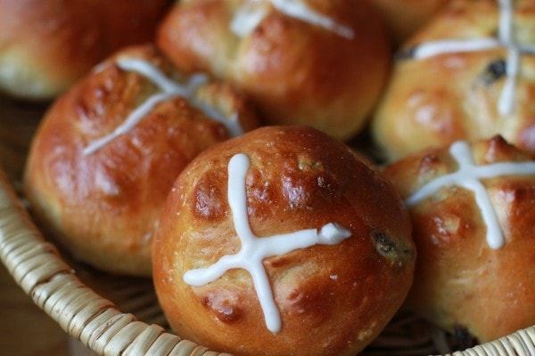 hot cross buns in a basket.